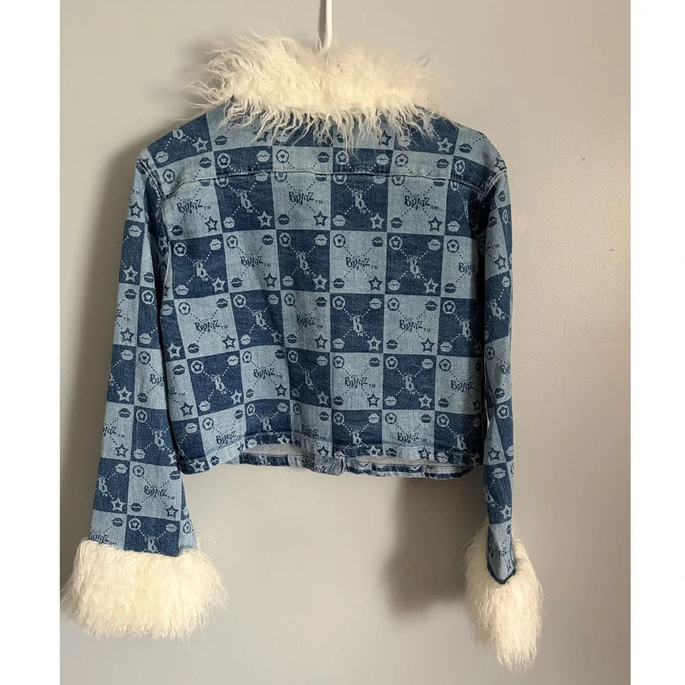 Dolls Kill x Bratz Denim 2 Piece Set Jacket Skirt Faux Fur Blue Checkered Large
